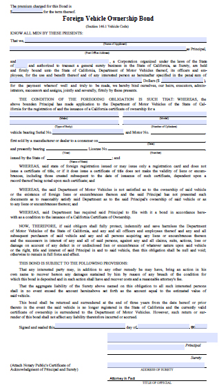 California Foreign Vehicle Ownership Bond Image