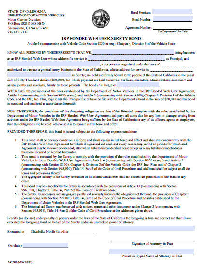 California (IRP) Bonded Web User Bond Image