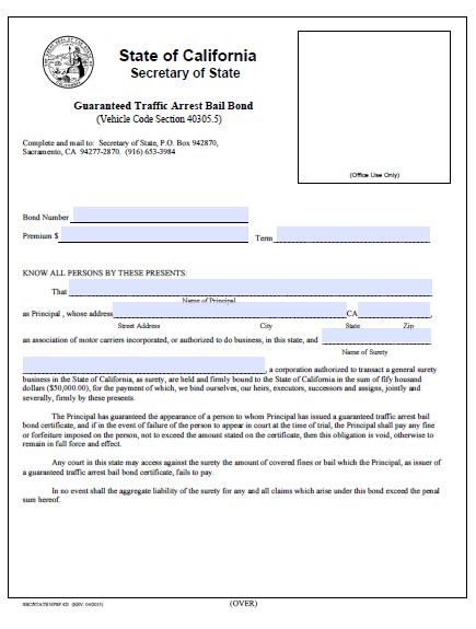 California Guaranteed Traffic Arrest Bail Bond Certificate Image