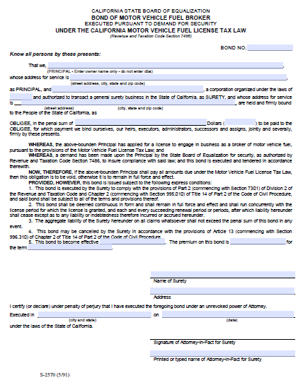 California Motor Vehicle Fuel Broker Bond Image