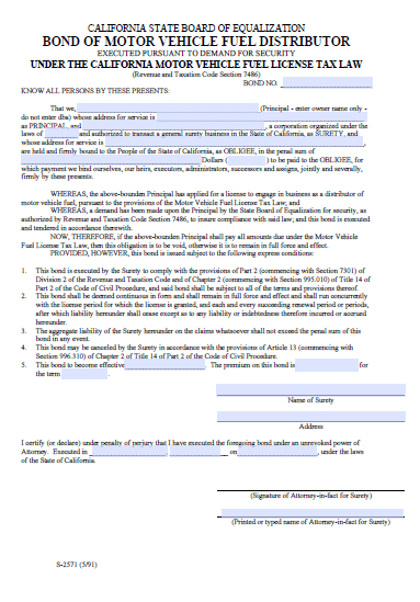 California Motor Vehicle Fuel Distributor Bond Image