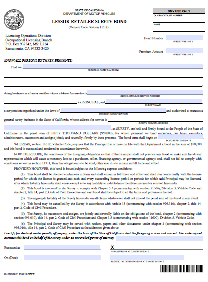 California Motor Vehicle Lessor-Retailer Bond Image