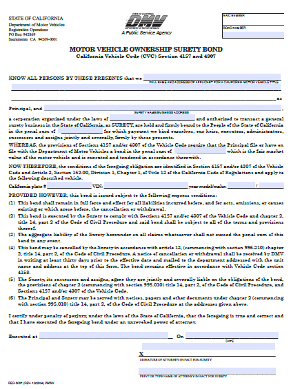 California Motor Vehicle Ownership Bond Image