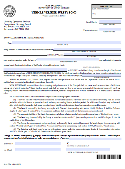 California Motor Vehicle Verifier Bond Image