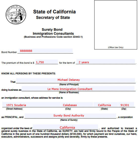 surety bond form california immigration consultant 