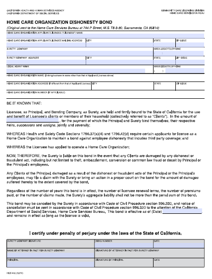 California Home Care Organization Employee Dishonesty License Bond