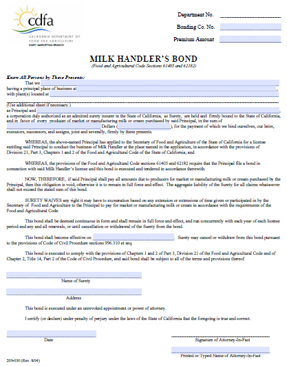 California Milk Handler Bond