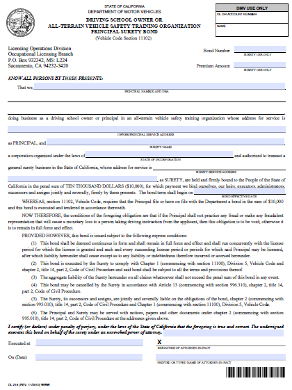 Driving School or ATV Safety Training Organization Bond