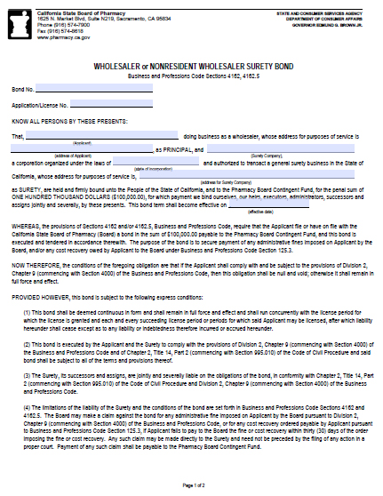 California Wholesaler or Nonresident Wholesaler Bond ($100,000)