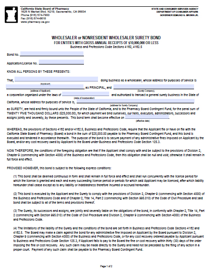 California Wholesaler or Nonresident Wholesaler Bond ($25,000)