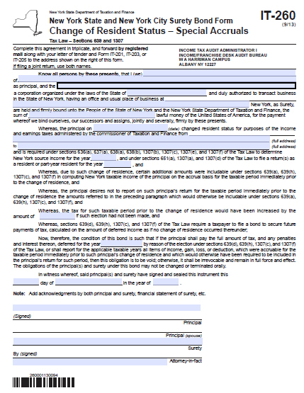 New York Change of Resident Status Bond – Special Accruals 